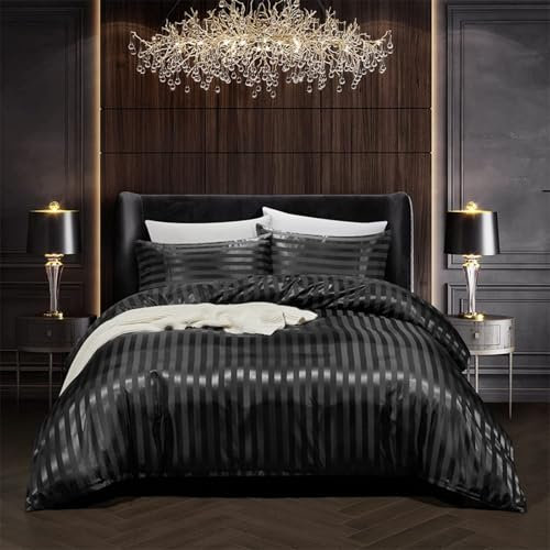 Tospass Housse de Couette Satin 140x200 Noir Rayures Soyeux Linge de Lit Satin de Soie Brillante Parure de Lit Adulte 1 Personne avec Fermeture éclair et 1x65x65cm Taies d'oreiller