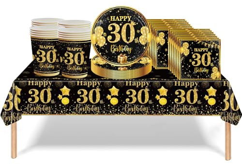 53Pcs Black Gold 30th Birthday Party Tableware Decorations - Table Cloth, Plates, Napkins, Cups Sets for Women, Him, Men - Birthday Table Decor and Gifts Dinnerware