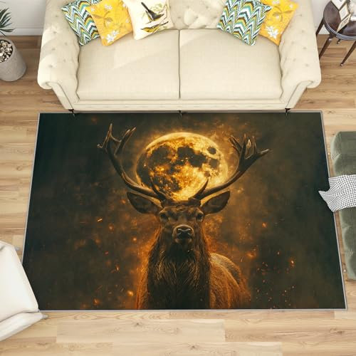 Teppich Hirschmotiv - Teppich Wohnzimmer Schlafzimmer Hirsch, Großer Teppich REH, Weich Kurzflor & Waschbar & rutschfest Wohnzimmerteppich, Bettvorleger 140x200 cm
