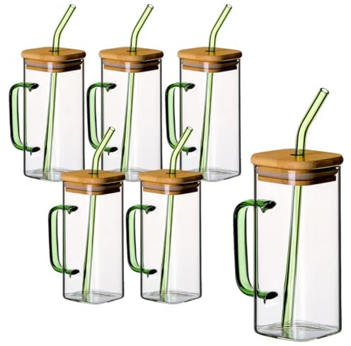 gouveo 6er Set Trinkgläser 350 ml mit Henkel GRÜN, Deckel und Strohhalm - Cocktail Gläser aus Borosilikatglas - Longdrinkgläser mit Griff - Glasbecher für Kalt- & Heißgetränke (TGE350HG)