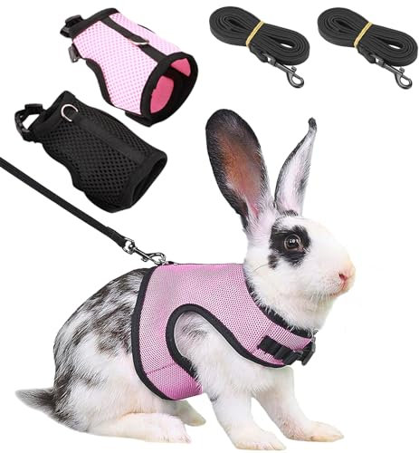 DKDDSSS 2 Stück Kaninchen Leine und Geschirr Set - Verstellbar und Weich für Kleine Häschen und Andere Kleine Haustiere (Schwarz und Rosa)