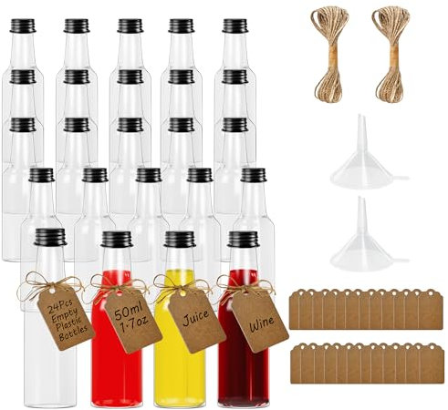 24 Mini Bouteilles en Plastique 50ml Transparent avec Caps et Entonnoirs, Réutilisables pour Fêtes et Voyages