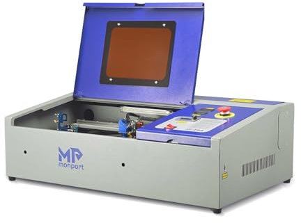 Monport 40W Grabadora Láser de CO2, Cortadora Láser de Escritorio con Enfoque Automático 300x200mm, Asistencia Aérea Integrada, Cama de Trabajo Doble, Máquina Láser de CO2 para Madera Acrílicos