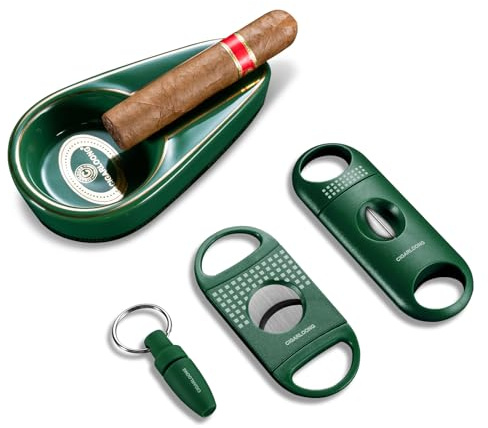 CIGARLOONG Cigar Ashtray and Cigar Cutter Set,Portable Ceramic Ashtray with Cigar Guillotine,Cigar V-Cutter and Cigar Punch,Cigar Accessories Set,Gift for Men (Green)