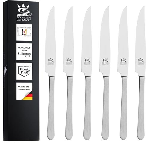 GEHRING Solingen Satino Steakmesser 6 Stück I Steakmesser Set 6 Personen I Steakbesteck Edelstahl I spülmaschinengeeignet I Made in Germany