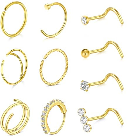 WillTen 10Pcs Nose Rings Corkscrew Nose Studs Gold, 20G Nose Rings Hoops Nose Screw Studs Surgical Stainless Steel L Shaped Nose Studs Nostril Nose Piercing Jewelry C Shape Nose Hoops for Women