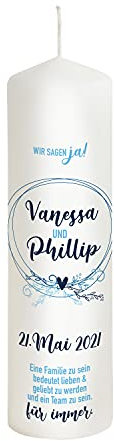 Liamoria® Hochzeitskerze Vintage in Blau mit Namen, Datum und Spruch - Modell Vanessa - Personalisierte Hochzeitsdekoration (25 x 8 cm)