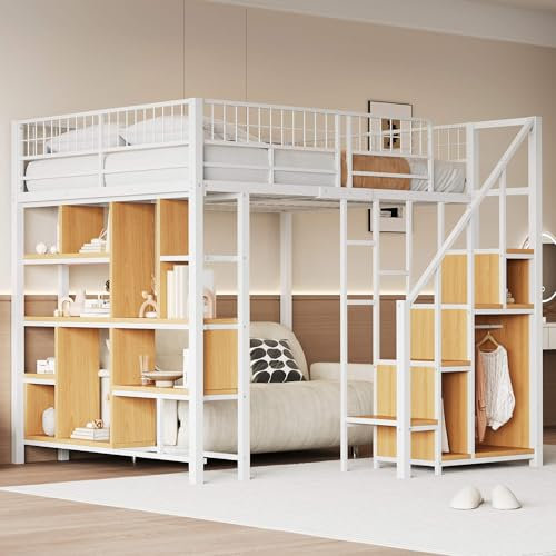NQSLDM Hochbett Metallbett 140x200 cm mit Treppe und Stauraum, Etagenbett Einzelbett mit offenem Schrank und Lattenrost, Bettgestell mit Lagerschrank, Bett für Kinder und Jugendliche, Weiß