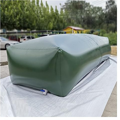 Azul. Depósito de agua flexible de 1585 galones de capacidad para recolección de agua de lluvia y riego. Material de PVC duradero, fácil de instalar y almacenar, ideal para agricultura y