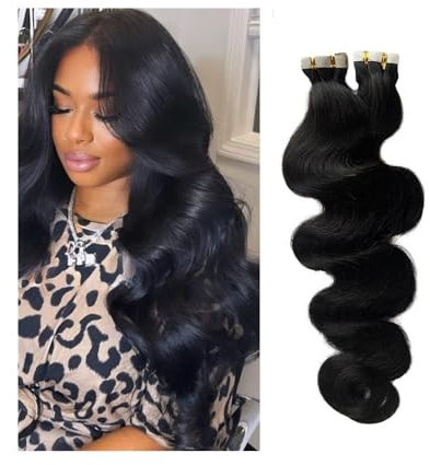 Haarverlängerungsband Tape-in-Haarverlängerung, Echthaar, 40,6–66 cm, gewellt, nahtlos, unsichtbar, hautfarben, Naturschwarz #1B, Remy-Echthaar, Tape-in-Extensions, 20 Stück/50 g Perückenband(26 inche