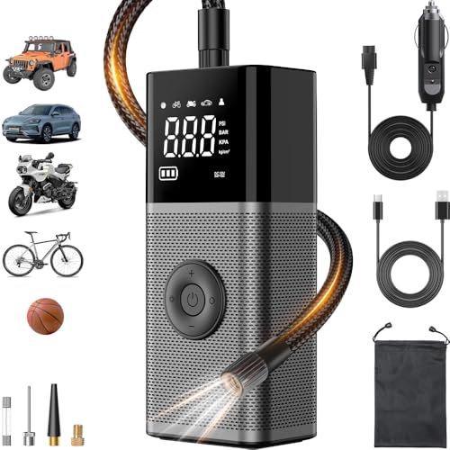 Compressore d'aria portatile per pneumatici - Pompa d'aria senza fili da 180 PSI 5 volte più veloce per pneumatici dell'auto con indicatore digitale e spegnimento automatico, pompa senza fili con luce