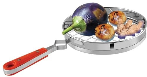 Stainless Steel Roti or Roasting Grill, 25.5 cm Round Mesh with Handle, Multi-Purpose Cooking Pan for Gas, Charcoal Barbecue Stove (25 cm Big Mesh Grill Roaster)