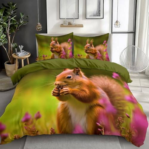Generisch Grün Bettbezug 135x200 cm Schottisches Hochlandhörnchen Bettbezug Bettwäsche-Set für Jungen Mädchen Kinder Weiche Polyester-Baumwolle Wende Bettwäsche mit 2 Kissenbezug