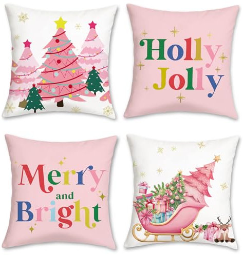 COZZSNUGE Federe Cuscini Natale Rosa Slitta Albero di Natale Renna Fiocchi Vellutato Federe Cuscino Decorativi per Divano Letto Casa Terrazza 45 x 45 cm Set di 4