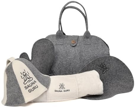 Complete Sauna Accessories Kit – Wool Banya Hat, Kilt Towel, Storage Bag, Felt Mitten Glove & Seat Cushion Pad – for Finnish, Russian, Steam, Dry & Outdoor Saunas – Spa Gift Set for Men