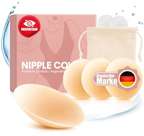 Alvory Premium Nippelpads, 4 Stück Selbstklebende Nipple Covers aus hochwertigem Silikon (Ø10 cm) Wiederverwendbare & waschbare Brustwarzenabdeckung für Damen inkl. Tasche (Nude, L/XL)
