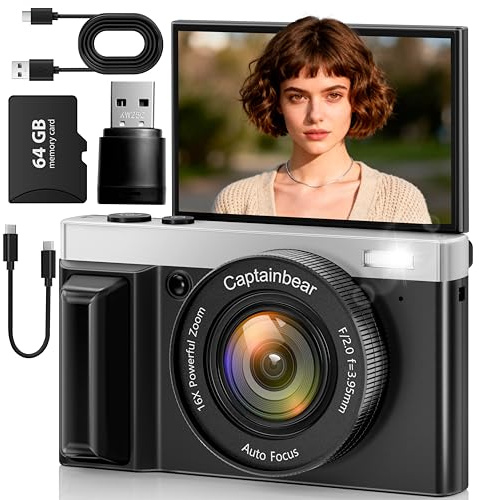 Caméras numériques 4K pour photographie, caméra de vlogging autofocus 64 MP pour YouTube 3 écran rabattable à 180°, zoom numérique 16x, appareil photo compact et prise de vue anti-tremblement