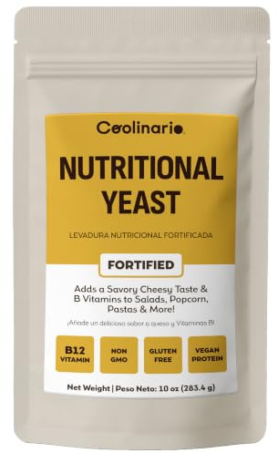 Coolinario Fortified Nutritional Yeast (283.5g) Vegan Seasoning | Savory Cheese-Like Flavor, Rich in B-Vitamins, B12, Protein & Fiber, Ideal for Pasta, Popcorn & Sauces, Gluten-Free