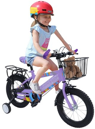 GIDRLL Kinderfahrrad 14 Zoll Fahrrad Kinder ab 3-5 Jahre Jungen & Mädchen Kinder Fahrrad Höhenverstellbar mit Abnehmbare Stützräder, Aufbewahrungskorb, Rear Seat & Kettenabdeckung (B-Lila)