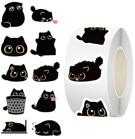 Nymora Kawaii Sticker Katzen – 1 Rolle Sticker Black Cat Aufkleber mit süßer schwarzer Katze für Scrapbook, Laptop, Wasserflasche