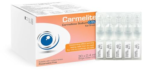 Carmelite Carmellose Sodium 0.5% Lubricant Eye Drops for Dry Eye Relief, Preservative-Free Single Dose Use Vials, 30 x 0.4 mL, Sterile Gentle Moisturising Drops
