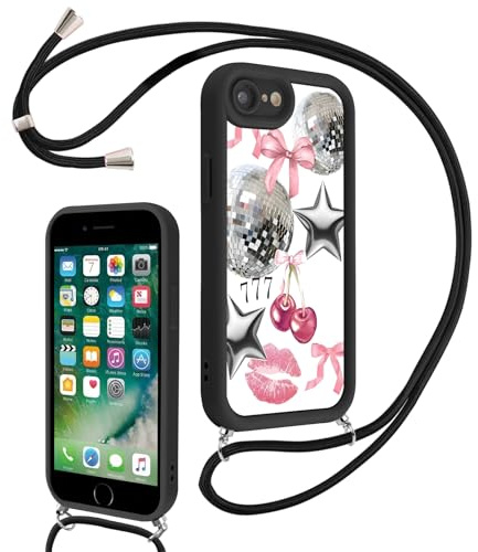 PBNDJVG Case for iPhone 7/iPhone 8/SE 2/3 2020/2022 4.7 Inch, Disco Ball Cherry Star Crossbody Phone Case with Lanyard, Y2K Aesthetic Protective Cover with Strap Adjustable Neck Cord Necklace