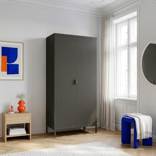 [en.casa] Kleiderschrank Esteli Garderobenschrank mit 2 Türen 170 x 80 x 45 cm Schlafzimmerschrank 2 Kleiderstangen 4 höhenverstellbare Einlegeböden Stahl Schwarz