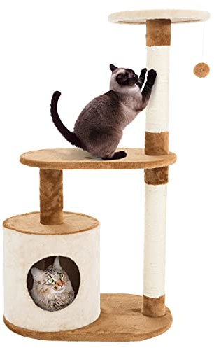 Petmaker 3-Tier Cat Tree - 2 Napping Perches, Kitten Condo, 2 Sisal Rope Scratching Posts, and Hanging Toy - Tower for Indoor Kitties (Brown)