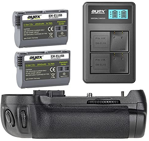 ayex Kit poignée d'alimentation compatible avec Nikon D7100 D7200 similaire au MB-D15 + 2 batteries EN-EL15B + chargeur USB double