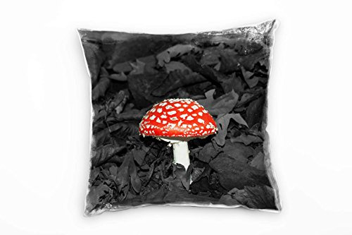Paul Sinus Art Natur, Fliegenpilz im Laub, grau, rot, weiß Deko Kissen 40x40cm für Couch Sofa Lounge Zierkissen - Dekoration zum Wohlfühlen