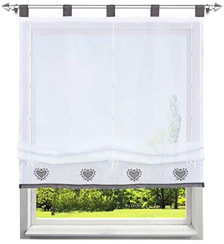 Raffrollo mit Herz Muster Rollos Stickerei Transparent Voile Vorhang (BxH 80x155cm, Grau mit Schlaufen)