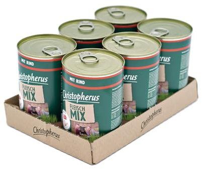 Christopherus Fleischmix Nassfutter für Hunde mit Rind, 6 x 400 g | Proteinreiches Futter, leicht verdaulich, nährstoffreich, ohne unnötige Zusätze, enthält frisches Fleisch & Innereien