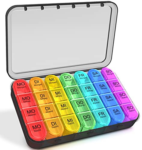 Zoolion Tablettenbox 7 Tage Morgens Mittags Abends, Pillendose 7 Tage 4 Fächer Aufbewahrung, Medikamentenbox 7 Tage Reise, Perfekt für Älter und Kind (Schwarz)