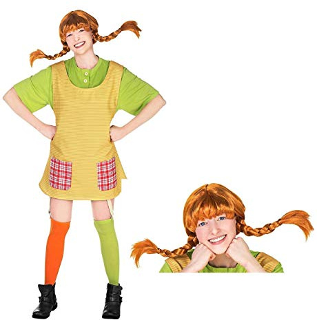 Maskworld Pippi Langstrumpf Kostüm für Damen, 5-teilig mit Shirt, Schürze, Strümpfe & Perücke, Karneval Verkleidung Faschingskostüm Party, offiziell lizenziert Klassiker Filmkostüm Kult-Outfit – XXL