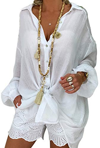 HZQIFEI Damen Langarm Strandkleid Bikini Cover Up Strandponcho Sommer Bademode Longshirt Strandhemd (Weiß, 5XL)