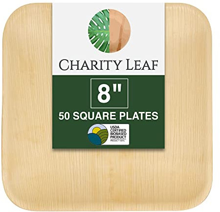 Charity Leaf - Assiettes jetables en feuille de palmier comme des assiettes en bambou | Ensemble carré | Mariages, barbecues et fêtes | Assiettes carrées (50, 8 carrés)