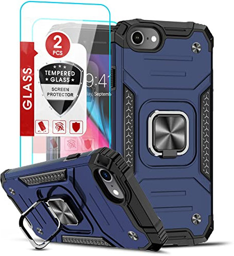 LeYi Hybrid Hülle Kompatibel mit iPhone SE 2022/2020, iPhone 8/7/6/6S, iPhone SE 3 Handyhülle und 2*Schutzfolie, Militär Standard Armor Hardcase Silikon Schutzhülle Handy Case mit Ring Halter Blau