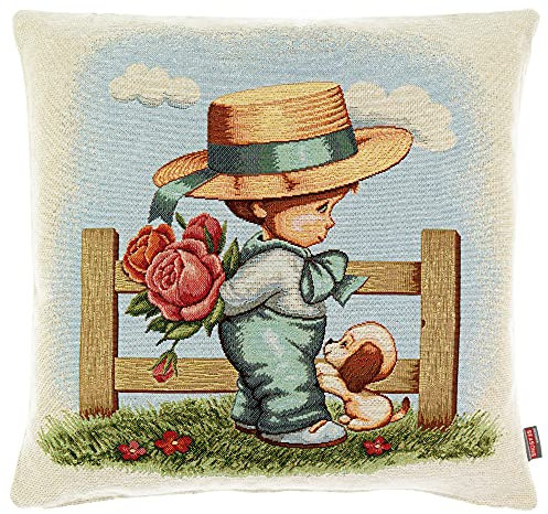 Hossner Kissenhülle 45x45 Gobelin Kissenbezug Gobelinkissen Kissen Romantik Nostalgie (Junge m. Rosen)