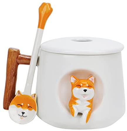 OhMill 1 Pcs Tasse à Café en Porcelaine Fine Shiba Inu Tasse avec Cuillère et Couvercle Tasse Mignonne de 420 ml Cadeau Créatif