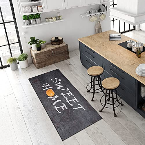 Pasha Home Küchenteppich 80x150 cm Sweet Home schwarz/Küchenläufer waschbar bei 30°C/Küchenläufer rutschfest und pflegeleicht/Teppich für Küche, Flur, Schlaf- oder Wohnzimmer