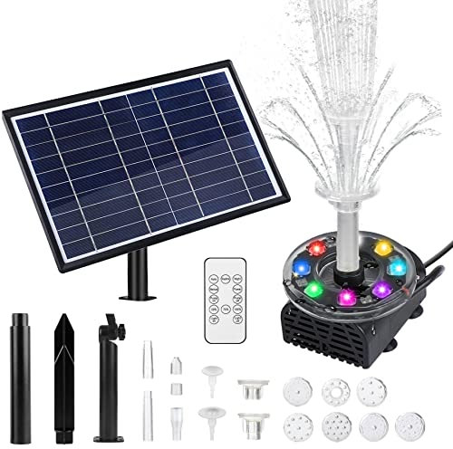 10W Bomba solar LED para estanque con luces y mando a distancia con batería, bomba de agua solar para baño de pájaros, estanque pequeño, altura máxima de pulverización agua 0,85m,230l/h