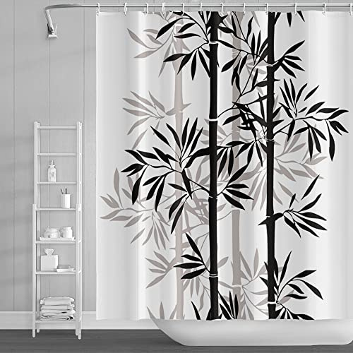 SDOTPMT 152x183cm Bambou Feuilles Rideau de Douche Noire Blanc Abstrait Bambou Plante Rideau de Bain Peinture à l'encre Rideau de Baignoire pour Enfants Salle Bains Polyester avec Crochets