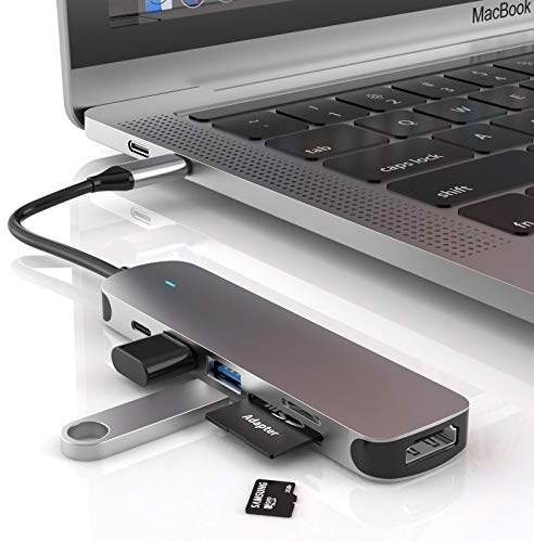 USB C HUB, 6 in 1 Docking Station with USB-C Port/PD, USB 3.0 Port, 4K HDMI and SD/TF Card Reader, USB C Adapter Compatible with MacBook Pro/Air Laptops and Other Type-C Devices