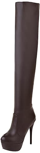 Stivali da Donna Sopra Il Ginocchio con Tacco a Spillo, Stivali Invernali Eleganti Senza Chiusura Stivali Alti Tacco Alto Punta Rotonda con Plateau 349 Marrone Numero 34 EU