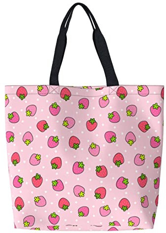 Foruidec Leinen-Tragetasche, große Damen, lässige Schultertasche, Handtasche, wiederverwendbar, Mehrzweck-Einkaufstasche für den Außenbereich, Rosa Erdbeere, Einheitsgröße