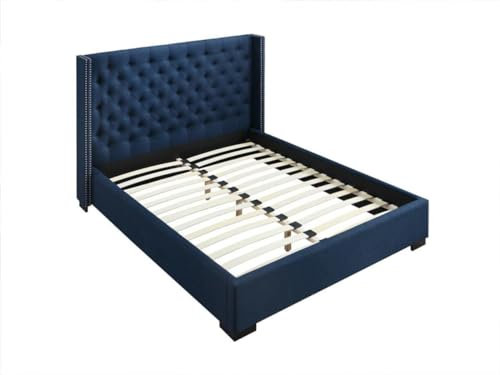 Vente-unique - Polsterbett mit gestepptem Kopfteil - 160 x 200 cm - Stoff - Blau - Massimo II