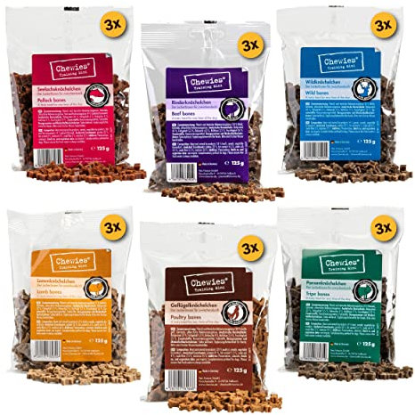 Chewies Hundeleckerli Mix-Paket, Training Mini Knöchelchen 18 x 125 g für Hunde - Rind, Pansen, Geflügel, Lamm, Wild & Lachs Trainings-Leckerli - Hundesnacks zuckerfrei & mit hohem Fleischanteil