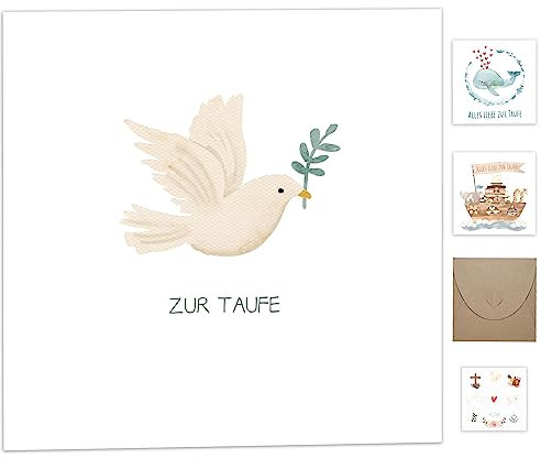 Karte Taufe mit Umschlag aus Kraftpapier,Taufgeschenke für Jungen Mädchen Patenkind Geburt,Taufkarten mit Sticker Deko,Glückwunschkarten zur Taufe,Personalisiert Geschenk Taufe Klappkarte Tauben Motiv