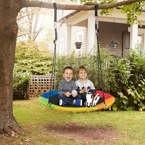 COSTWAY Balançoire Nid d'Oiseau Rond Ø 100CM avec Réglable 120-180CM, Balançoire Ronde Intérieur Extérieur avec Cadre en Acier, Charge 300kg pour 2-3 Enfants