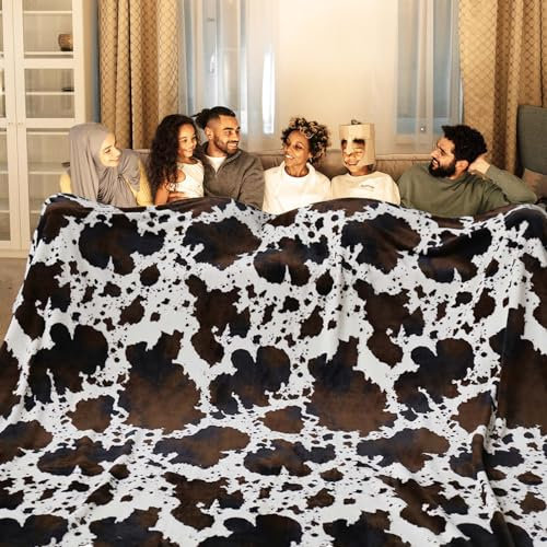 BNuitland Braune Decke mit Kuhdruck, extra groß, 228 x 228 cm, 300 g/m², doppelseitig, für den Außenbereich, Geschenkidee, leichte flauschige Dekordecke, superweich, gemütlich, Flanell-Bettüberwurf